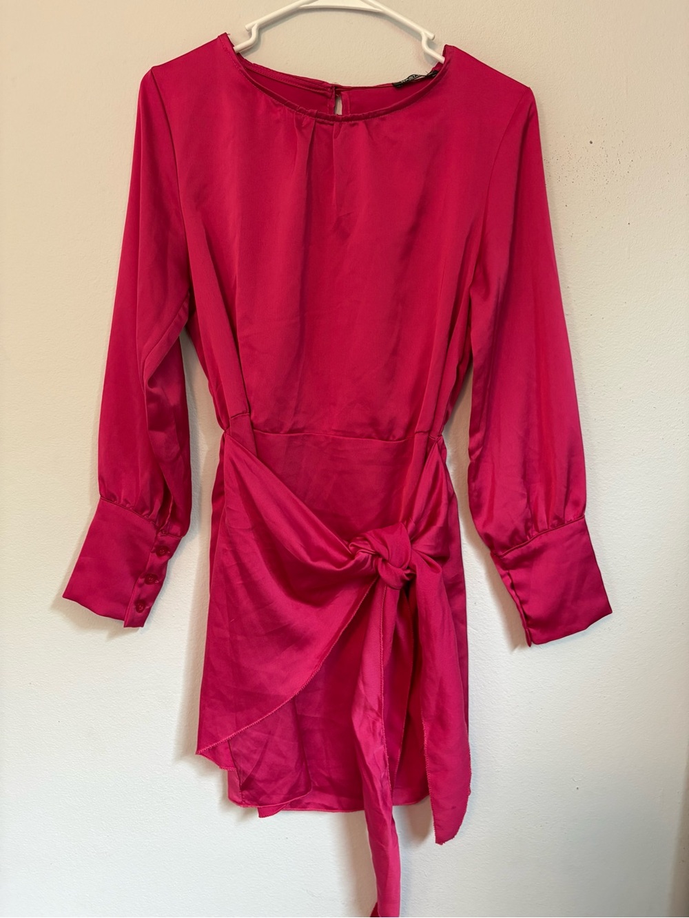 Nasty Gal Hot Pink Satin Faux-Wrap Mini Dress Size S Long Sleeve Tie Front